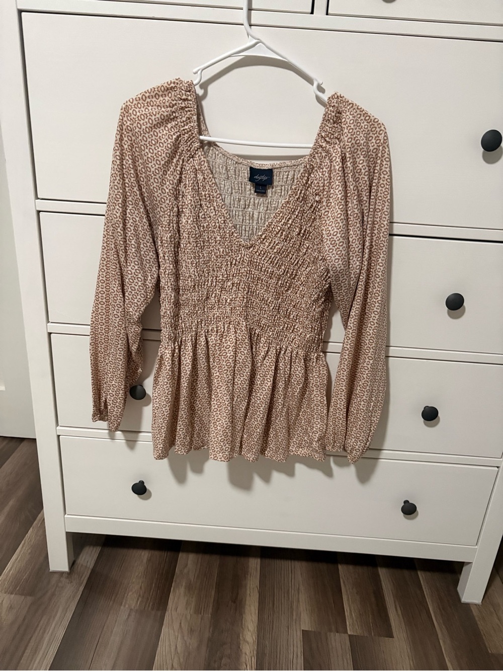 Daytrip Beige Smocked V-Neck Peplum Tunic
